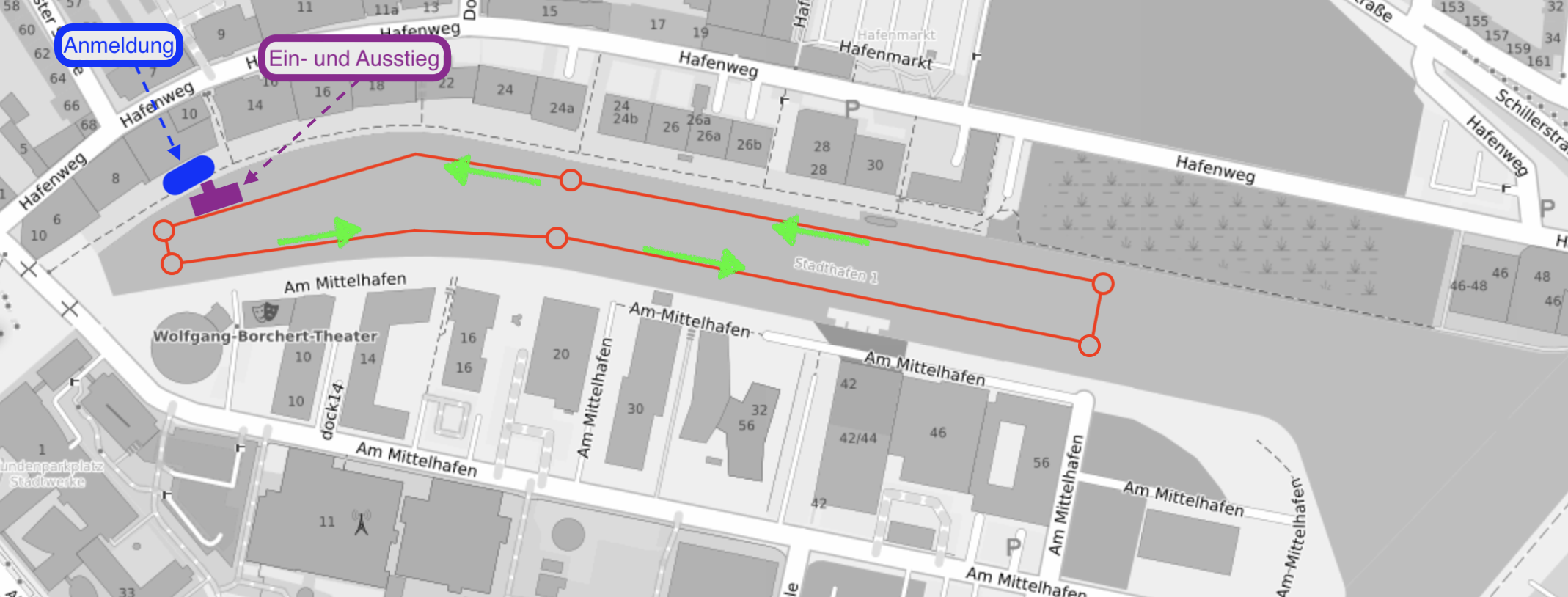 Luftbild des Münsteraner Stadthafens mit eingezeichnetem Kurs — eine Wendepunktstrecke von 500 m Länge entlang des Hafenbeckens, Start und Ziel am Hafenkai vor dem Power Sports.